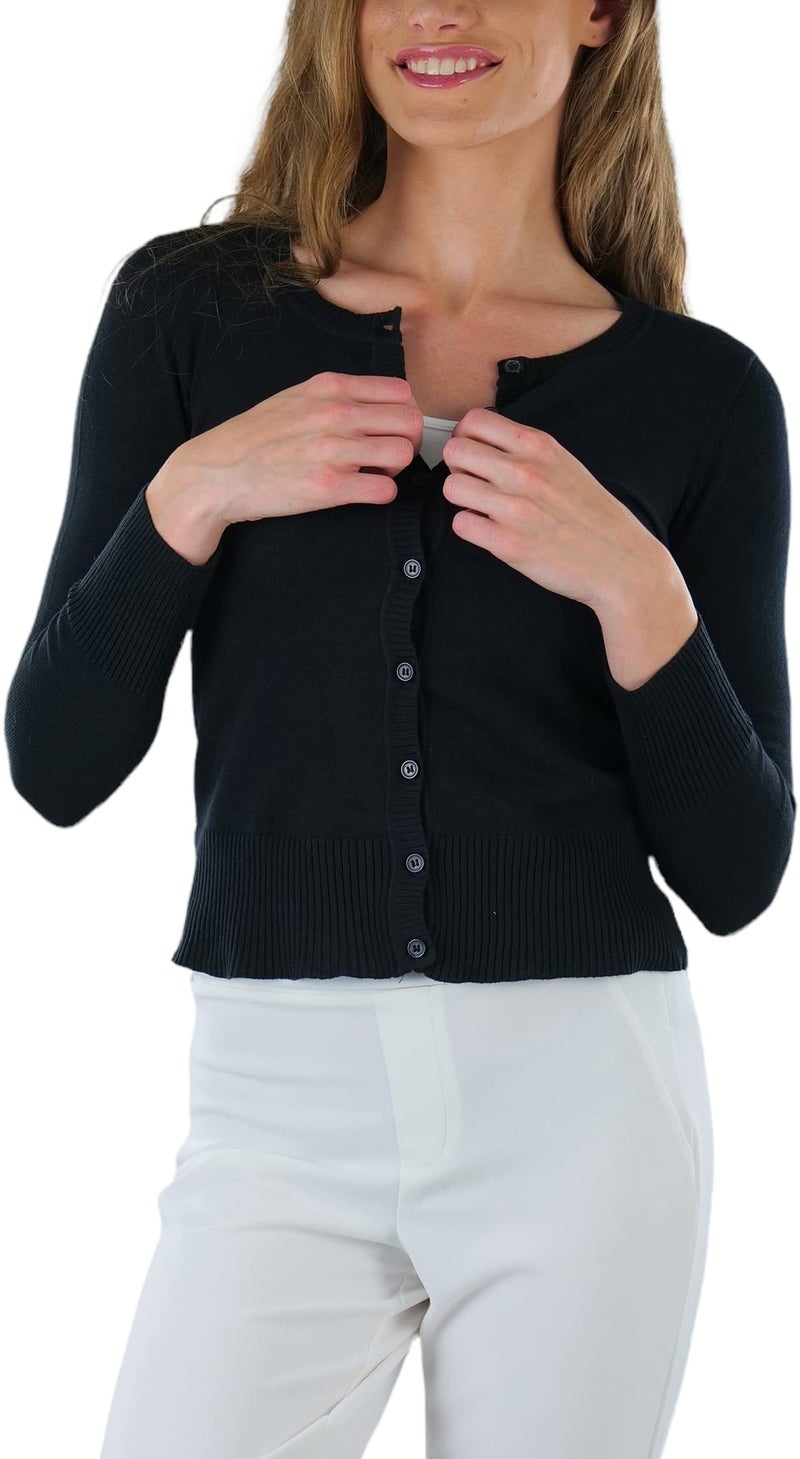 ToBeInStyle Women's L.S. Button Up Ribbed Crew Neck Cardigan - Black - Small - Image 3